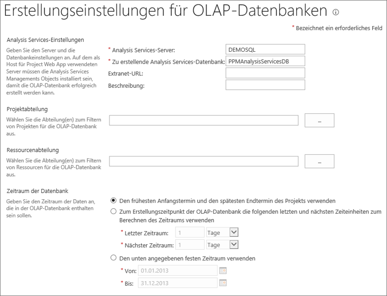 Formular zur Erstellung einer neuen OLAP-Datenbank