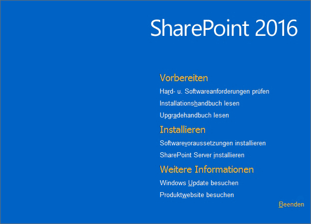 Startbildschirm der SharePoint-2016-Installation