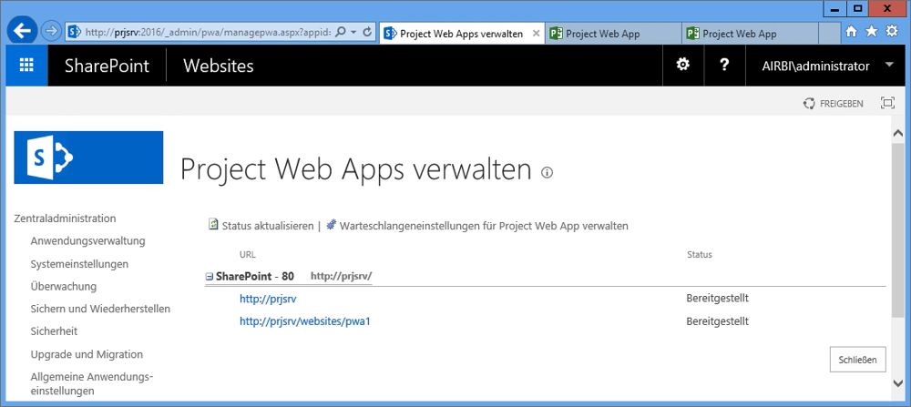 Project Web Apps in der Zentraladministration