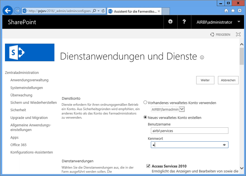 SharePoint-Zentraladministration: Farmkonfiguration (1)