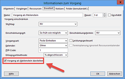 Meilenstein mit einer Dauer von 5 Tagen und dem Dialog »Informationen zum Vorgang« für die Definition des Meilensteins