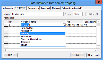 Verknüpfen per Dialog und Auswahl des Vorgängers