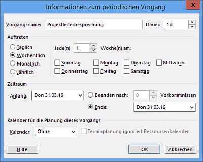 Einstellungen für den zu erstellenden periodischen Vorgang