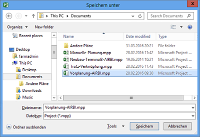 Dialog »Speichern unter« in Microsoft Project