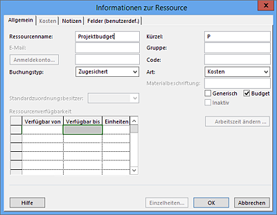 Budgetressource vom Typ »Kosten«