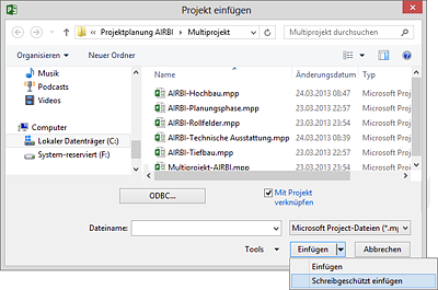 Einfügen von Teilprojekten mit Schreibschutz