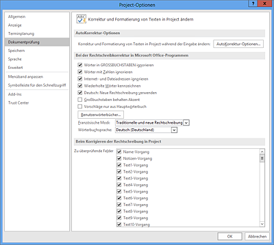 Dialog »Project-Optionen • Dokumentprüfung«