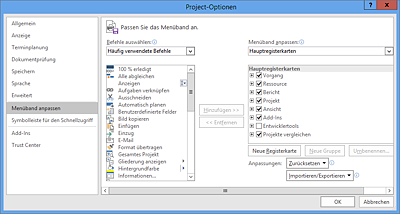 Dialog »Project-Optionen • Menüband anpassen«