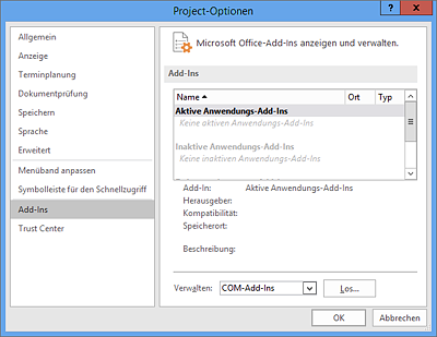 Dialog »Project-Optionen • Add-Ins«