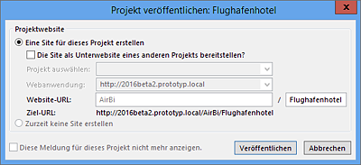 Dialog zur Erstellung einer Projektwebsite