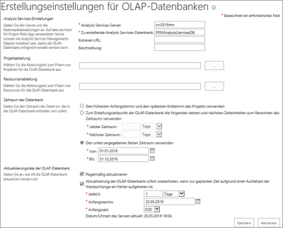 Einstellungen für neue OLAP-Datenbank