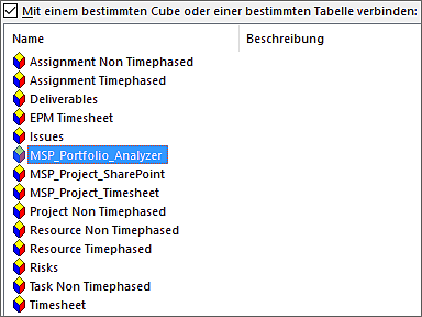 Auswahl des Project Server Cubes in Excel