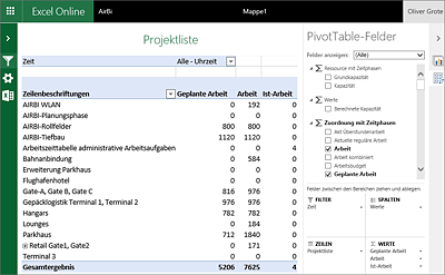 Ansicht eines Teils der Arbeitsmappe im Browser