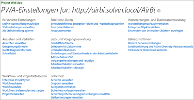 Servereinstellungen der Microsoft Project Web App und zugehörige Abschnitte (Projektberechtigungsmodus)