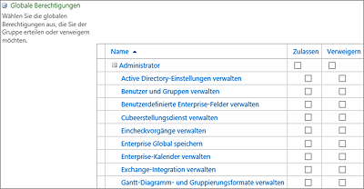 Globale Berechtigungen für die neue Gruppe »Fachadministrator«