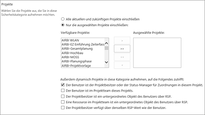 Standardkonfiguration der Projektdefinition für die Kategorie »Meine Projekte«