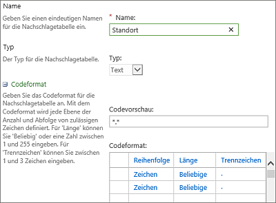 Definition der Nachschlagetabelle »Standort« vom Typ Text mit zwei Ebenen