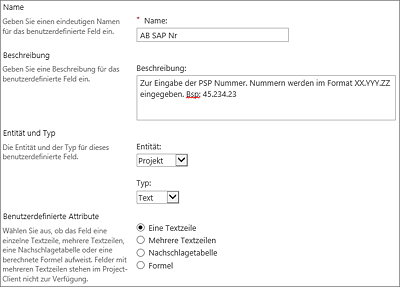 Formular zur Erstellung eines Enterprise-Feldes, hier am konkreten Beispiel eines Enterprise-Feldes zur Erfassung einer SAP-Nummer auf Vorgangsebene