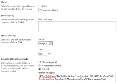 Vorgangsfeld »Terminabweichung« als berechnetes Feld