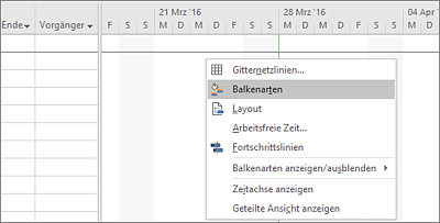 Kontextmenü der rechten Maustaste, Auswahl »Balkenarten«