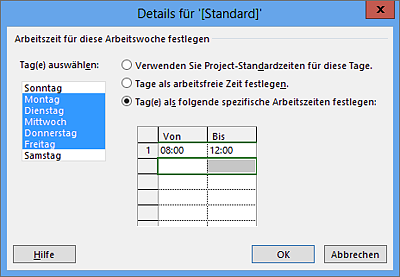 Arbeitswochendefinition für einen Kalender mit einer Arbeitszeit von 20h/Woche