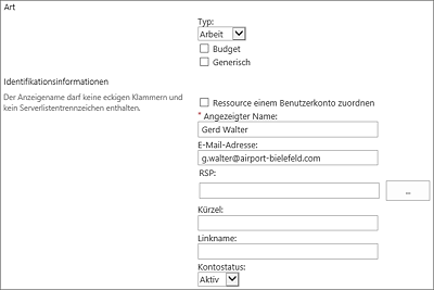 Eingabe der Ressourcenstammdaten bei Erstellung einer neuen Ressource