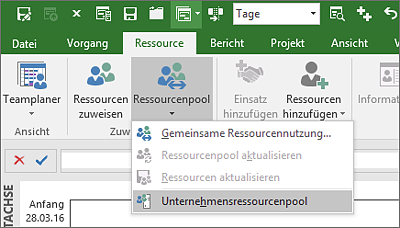 Öffnen des Unternehmensressourcenpools in Microsoft Project Professional