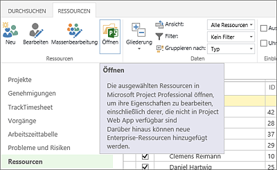 Öffnen des Unternehmensressourcenpools in der Microsoft Project Web App