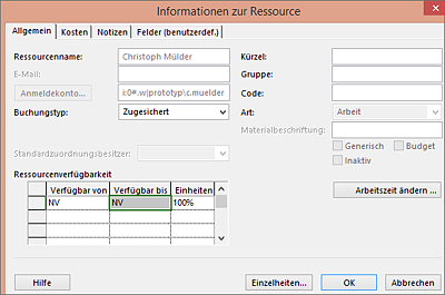 Microsoft-Project-Professional-Dialog »Informationen zur Ressource«