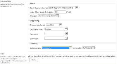 Formatansicht und Filter der neuen Project-Center-Ansicht