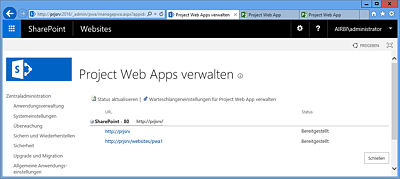 Project Web Apps in der Zentraladministration