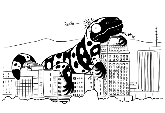 image of a monster attacking the city. A flying man is to the left of the monster’s head and appears to be shooting something at the monster.