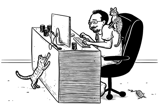 drawing of the author at his desk with one cat perched on his should and the other scratching the desk