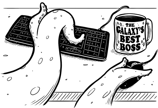 image of tentacles using a keyboard and mouse with a mug that reads The Galaxy’s Best Boss