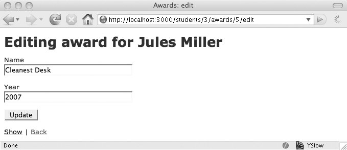 Editing an award—note the disappearance of the select box