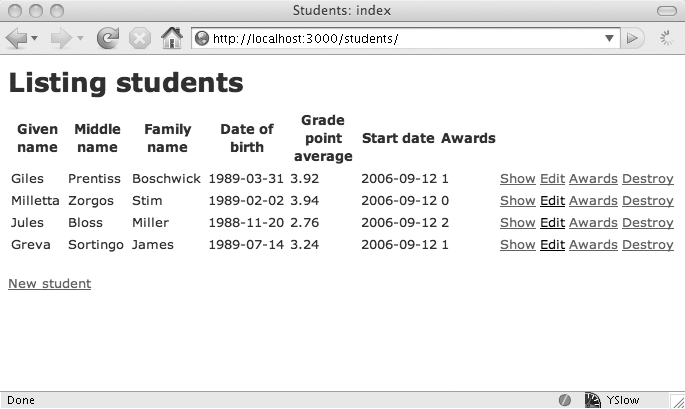 Students listing with connection to awards for each