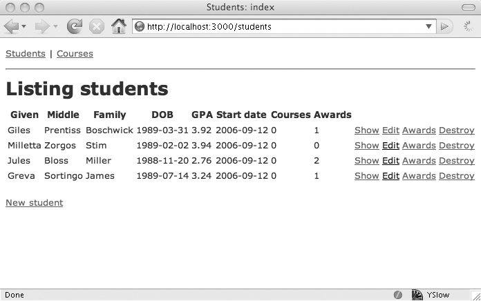 Students list showing course counts