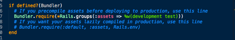 The config/application.rb shows Bundler’s default configuration for groups