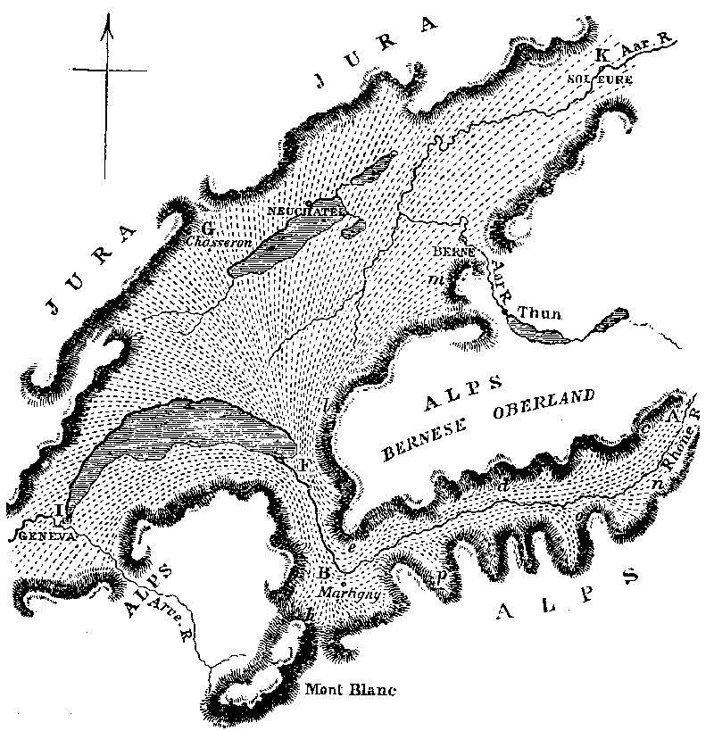 Map showing the course of the ancient glacier of the Rhone and the distribution of erratic blocks on the Jura.