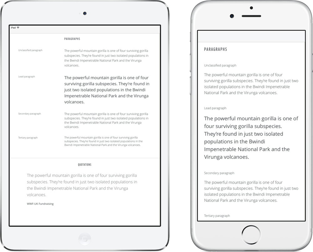 For our work for WWF, we increased the leading of paragraph and other text when screen sizes become wider, here demonstrated on iPhone in portrait and landscape orientation and iPad.