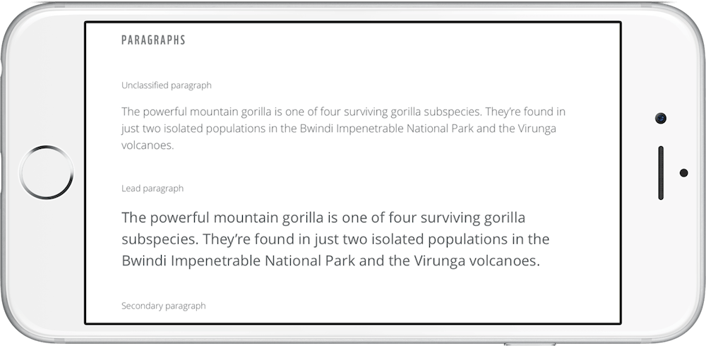 For our work for WWF, we increased the leading of paragraph and other text when screen sizes become wider, here demonstrated on iPhone in portrait and landscape orientation and iPad.