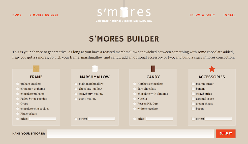 Screenshot of Zoe Gillenwater’s S’mores Builder page