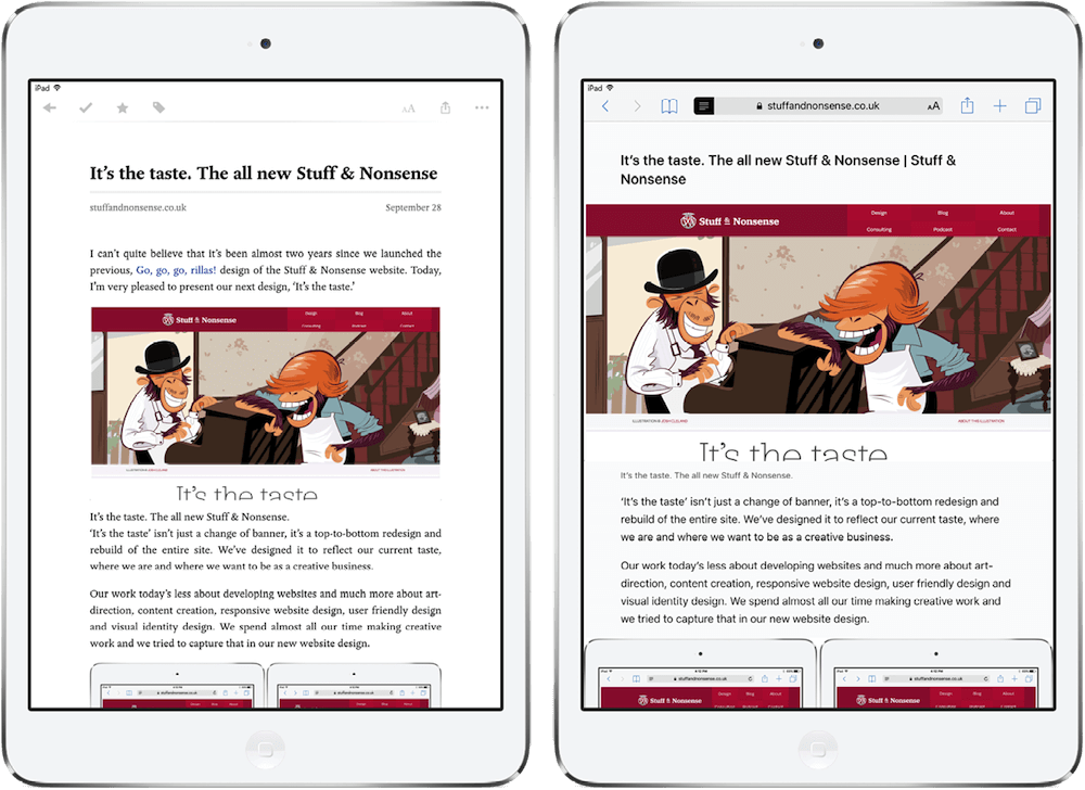 Screenshot of Pocket on iPad and the same website in the browser.