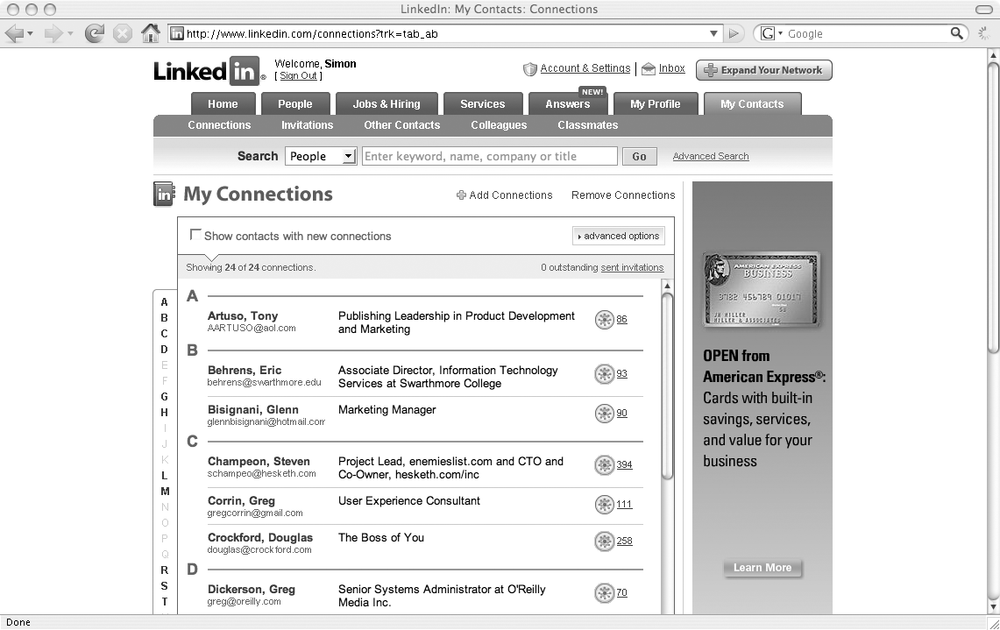 LinkedIn’s connections list for a small set of connections