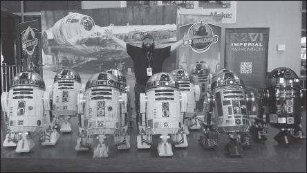 Artoo builder Chris James and an army of astromechs. The entirely fan-built droids range from the original-style R2 Unit to the black-domed R4-K5—a dark side droid said to work with Darth Vader in one Star Wars novel.