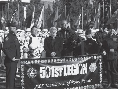 Mark Fordham, then-CO of the 501st and its premiere Darth Vader, shows the power of the Legion at the Tournament of Roses Parade in 2007, with Grand Marshall George Lucas. Both men had ambitions to turn their organizations into franchises.