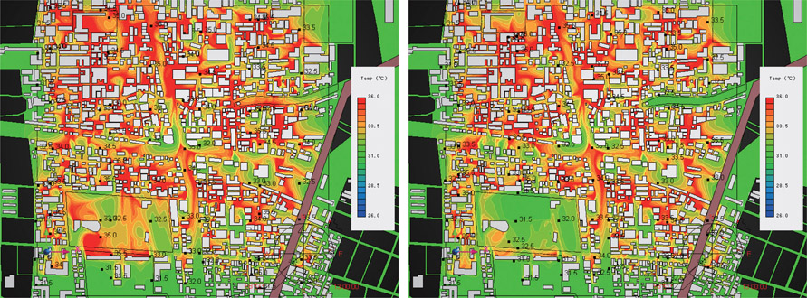 Figure 3.6 CFD thermal analysis of ground-level temperatures, comparing the temperature difference between a parking lot (left) versus a green space (right). In both images the parking lot/green space is located in the bottom left boundary. Images courtesy of Cradle CFD.