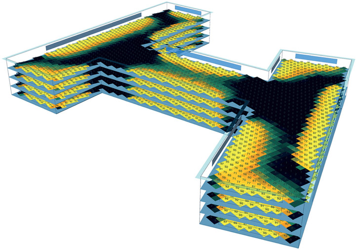 Figure 7.40 Axonometric view of a medium H-shaped office in New York.