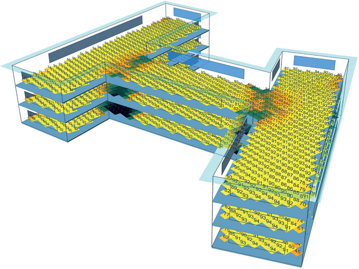 Figure 7.41 Axonometric view of a medium H-shaped office in New York.