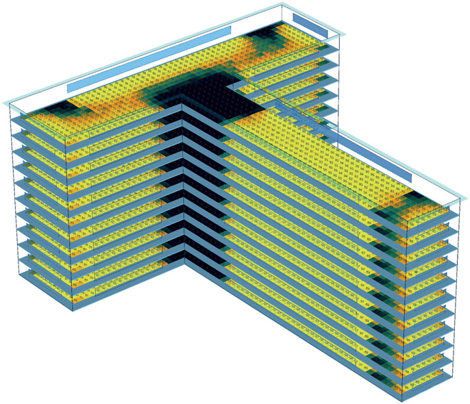 Figure 7.42 Axonometric view of a large T-shaped office in Miami.